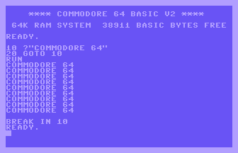 A screenshot of the Commodore 64 boot screen, as well as a simple two-line BASIC program that prints "COMMODORE 64" to the screen in an infinite loop.