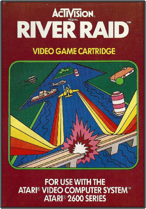 The product packaging for the Atari 2600 game, River Raid. The illustration uses an art style common to games released by Activision at the time, which includes rainbow streaks to indicate motion.